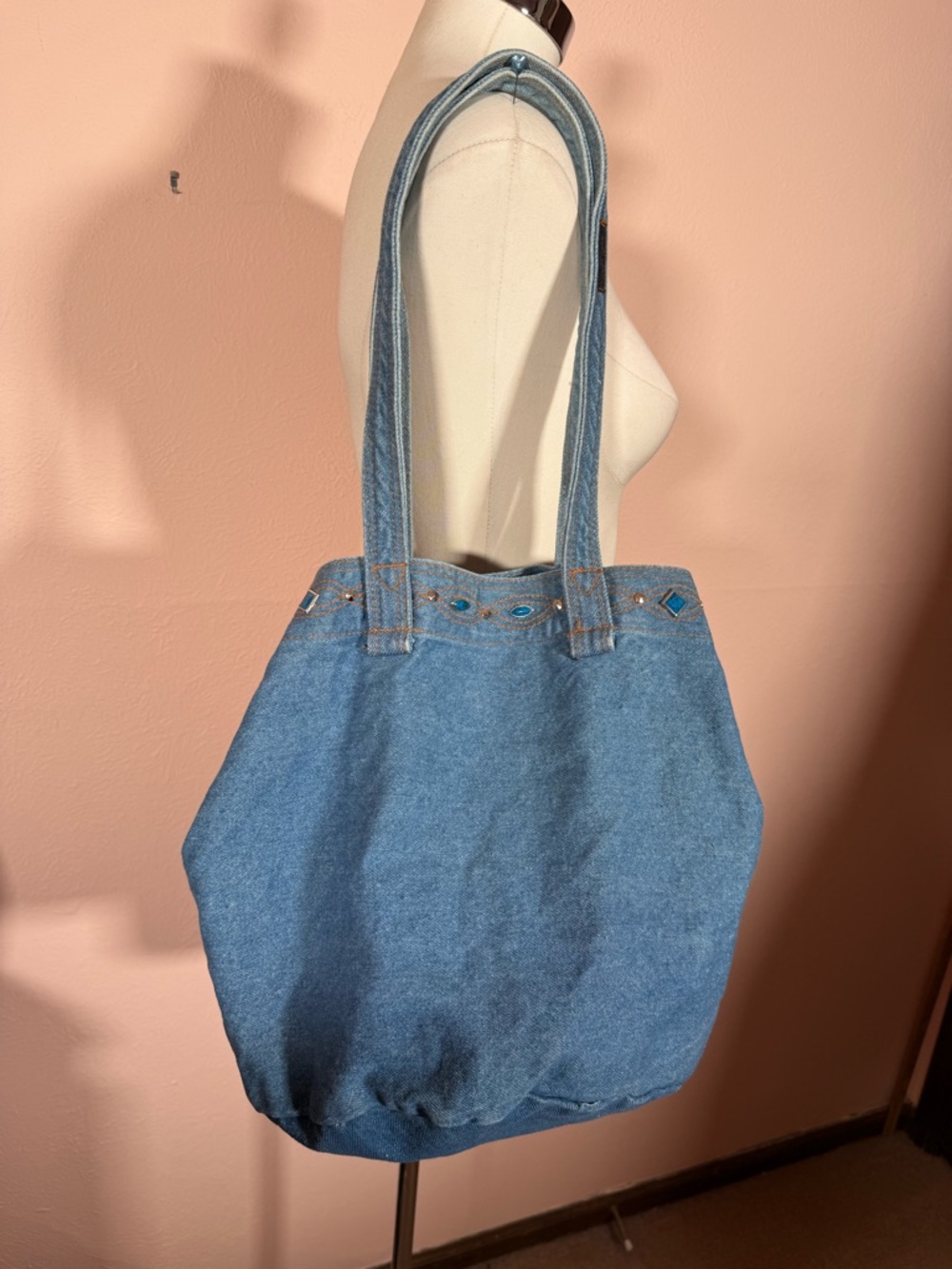 Vintage 1980’s Denim Southwestern Studded Festival Bucket Tote Bag - Picture 6 of 17